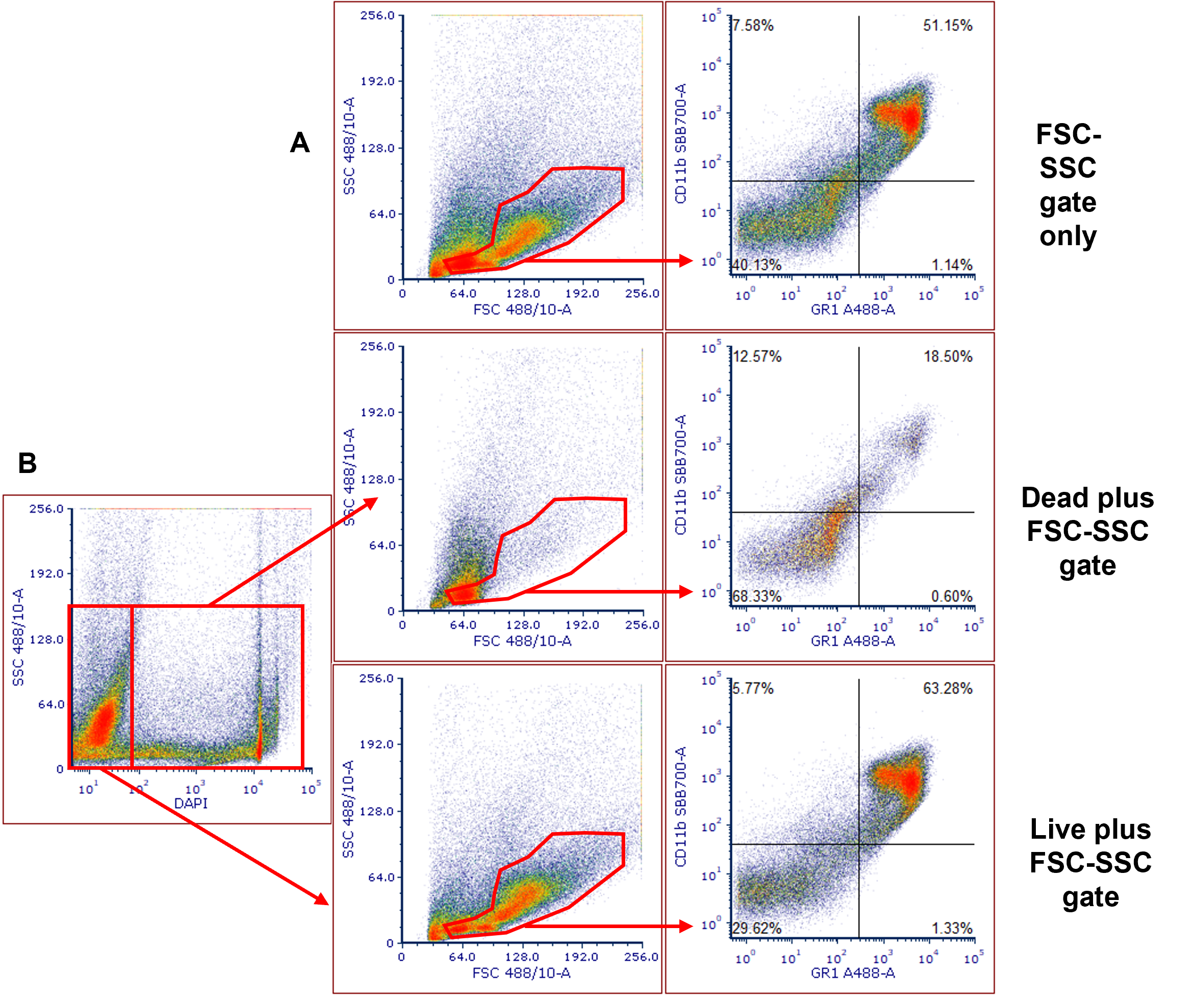 Use of forward and side scatter to remove dead cells in flow cytometry