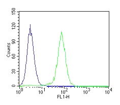 Flow cytometric analysis of paraformaldehyde fixed, THP-1 cells (Human monocytic leukemia cells) using anti-TNF-α antibody Absea 040105F11 at 2ug per test (green) and isotype controls (blue) (see Method section for more detail).